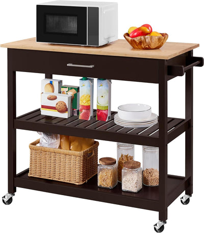 Versatile Bamboo Top Kitchen Island on Wheels - 3-Tier Rolling Cart with Drawer & Wine Storage, Espresso Finish, Perfect for Serving & Microwave Use, 20" D X 40" W
