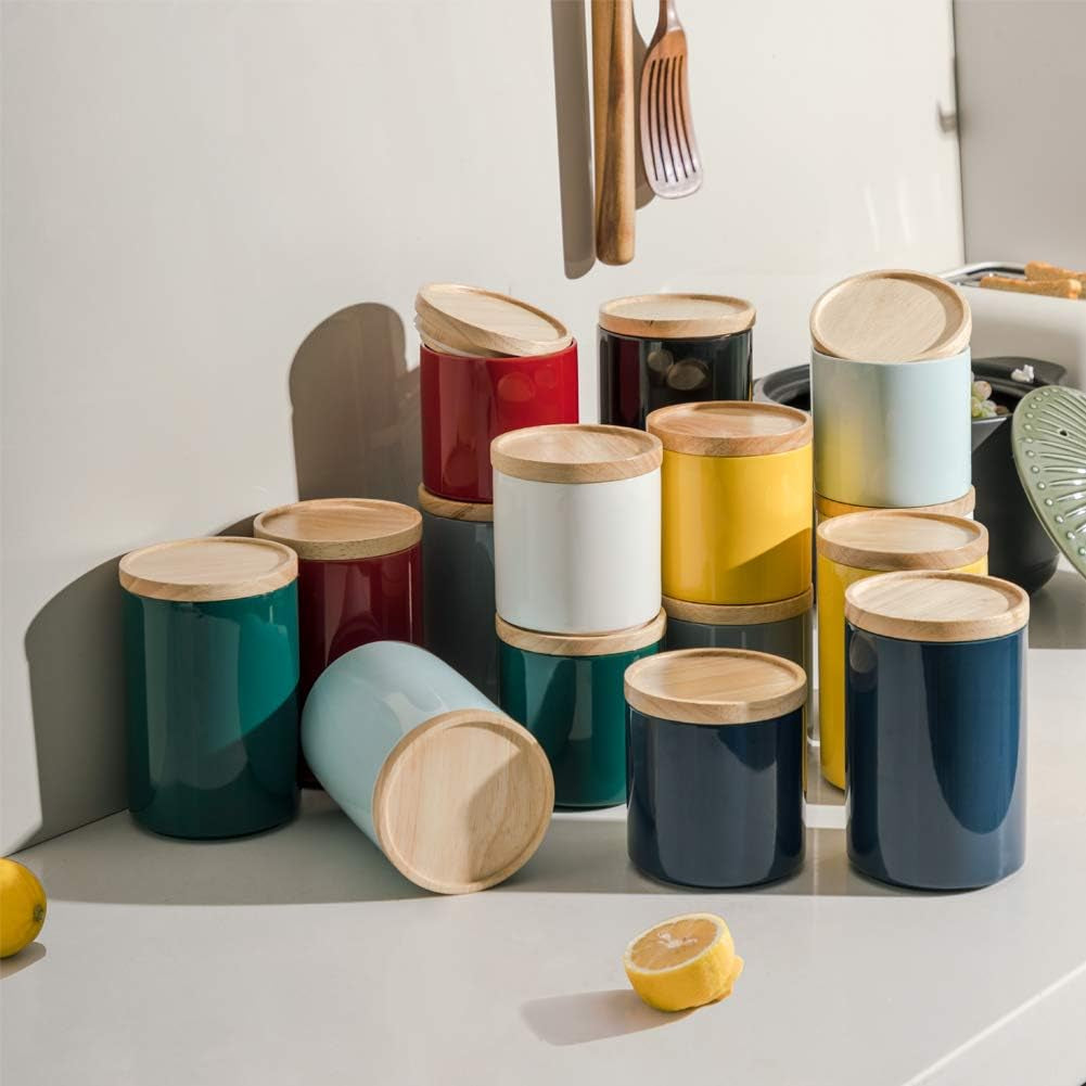 Airtight Ceramic Kitchen Storage Canister with Wooden Lid – Food Safe Coffee, Sugar & Tea Jar for Countertop Storage