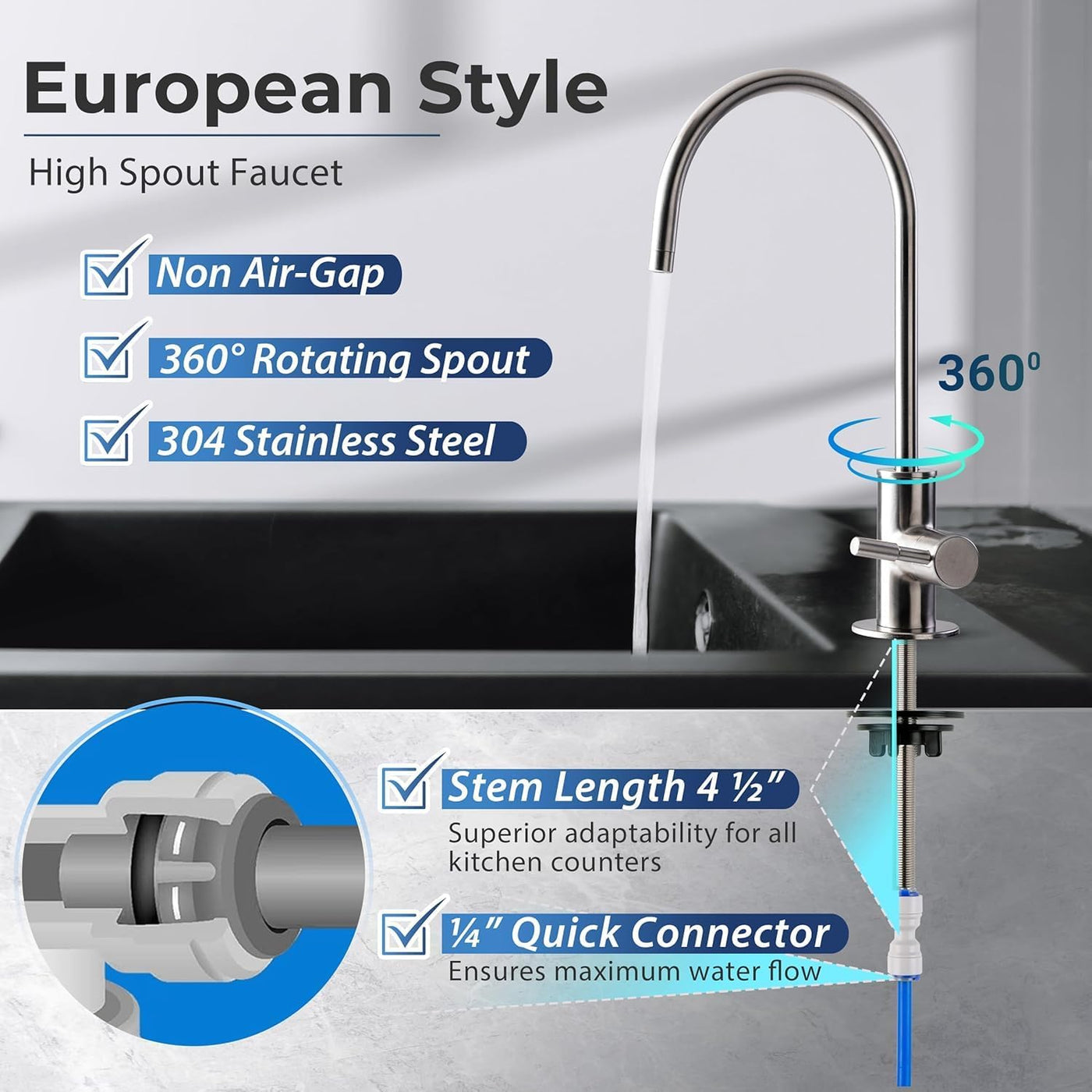 GA1-BN Drinking Water RO Faucet for Kitchen Sink, Heavy-Duty Lead-Free Reverse Osmosis Faucet for RO Water Filtration System, Non-Air Gap 100% Stainless Steel RO Faucet, Brushed Nickel Finish - GG store