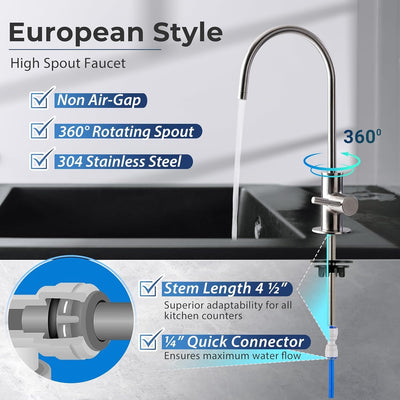 GA1-BN Drinking Water RO Faucet for Kitchen Sink, Heavy-Duty Lead-Free Reverse Osmosis Faucet for RO Water Filtration System, Non-Air Gap 100% Stainless Steel RO Faucet, Brushed Nickel Finish - GG store