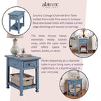 Antique Blue Farmhouse Wood End Table with Drawer – Rustic Rectangular Bedside Side Table