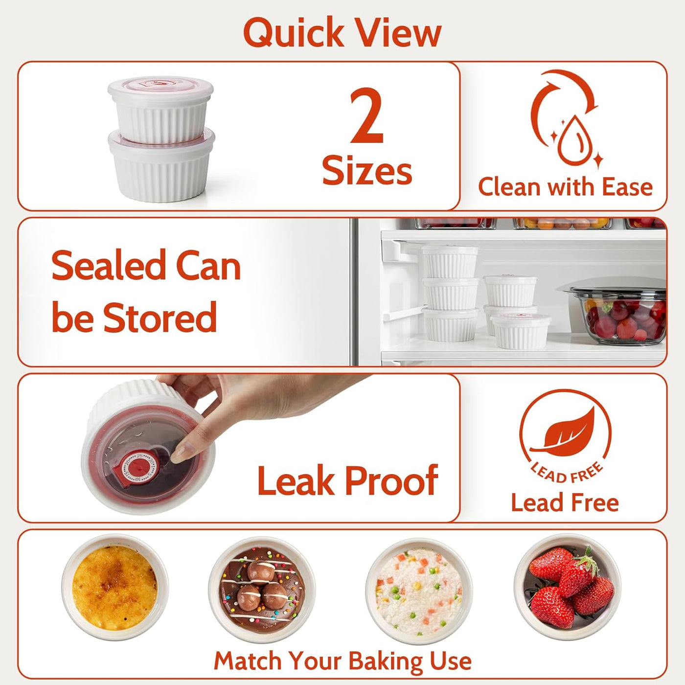 Versatile 6-Pack White Porcelain Ramekins with Lids – Perfect for Baking Soufflés, Crème Brûlée, and Storing Desserts!