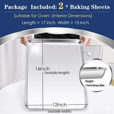 Premium 16 Inch Stainless Steel Baking Cookie Sheet Set - Heavy Duty Oven Pan Tray for Multi-Use, Dishwasher Safe, Shiny Finish - 2 Pieces