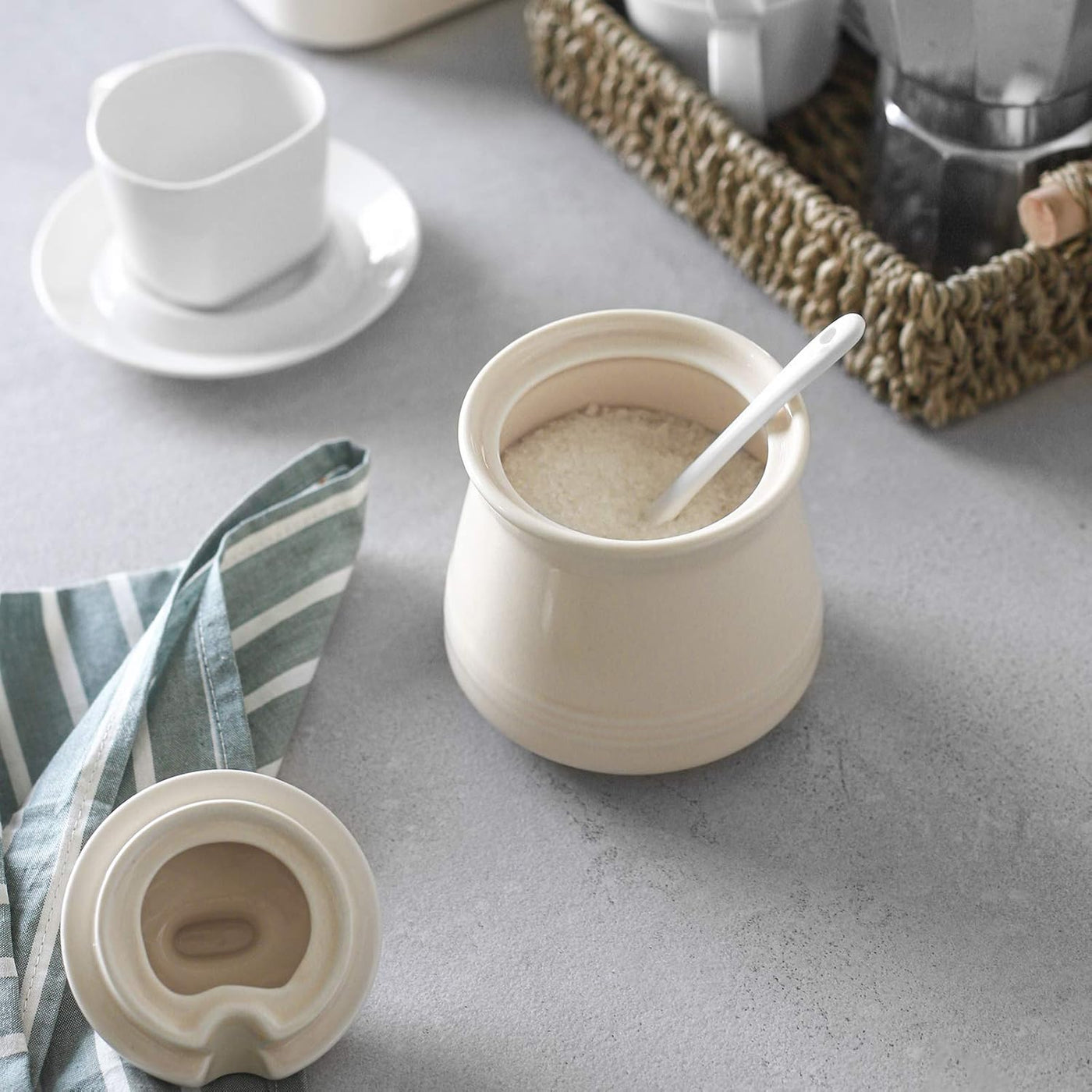 Elegant 12 Ounce Porcelain Sugar Bowl with Lid and Spoon - Perfect for Sugar or Salt, Ideal Coffee Bar Accessory for Home and Kitchen