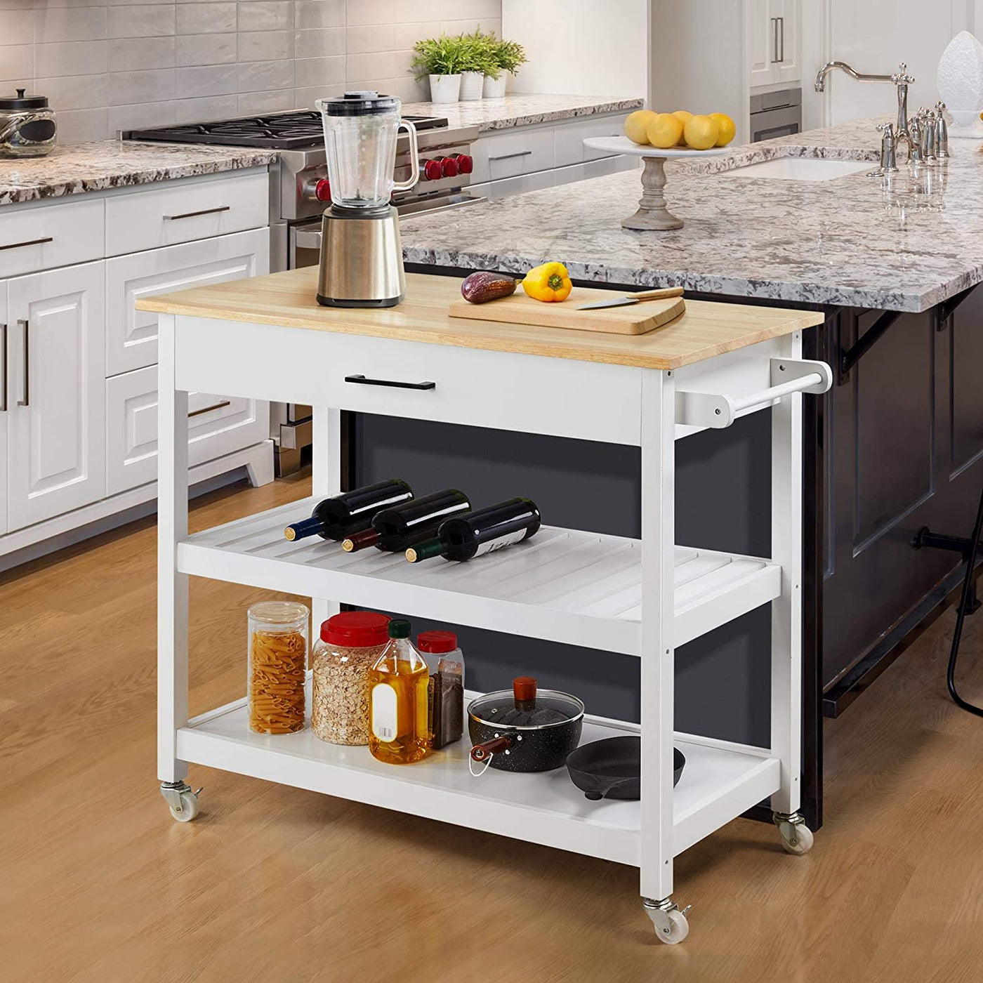 Stylish 40" Rolling Kitchen Island Cart with Solid Wood Top, 3 Tiers and Ample Storage - Perfect for Dining or Entertaining, White Finish