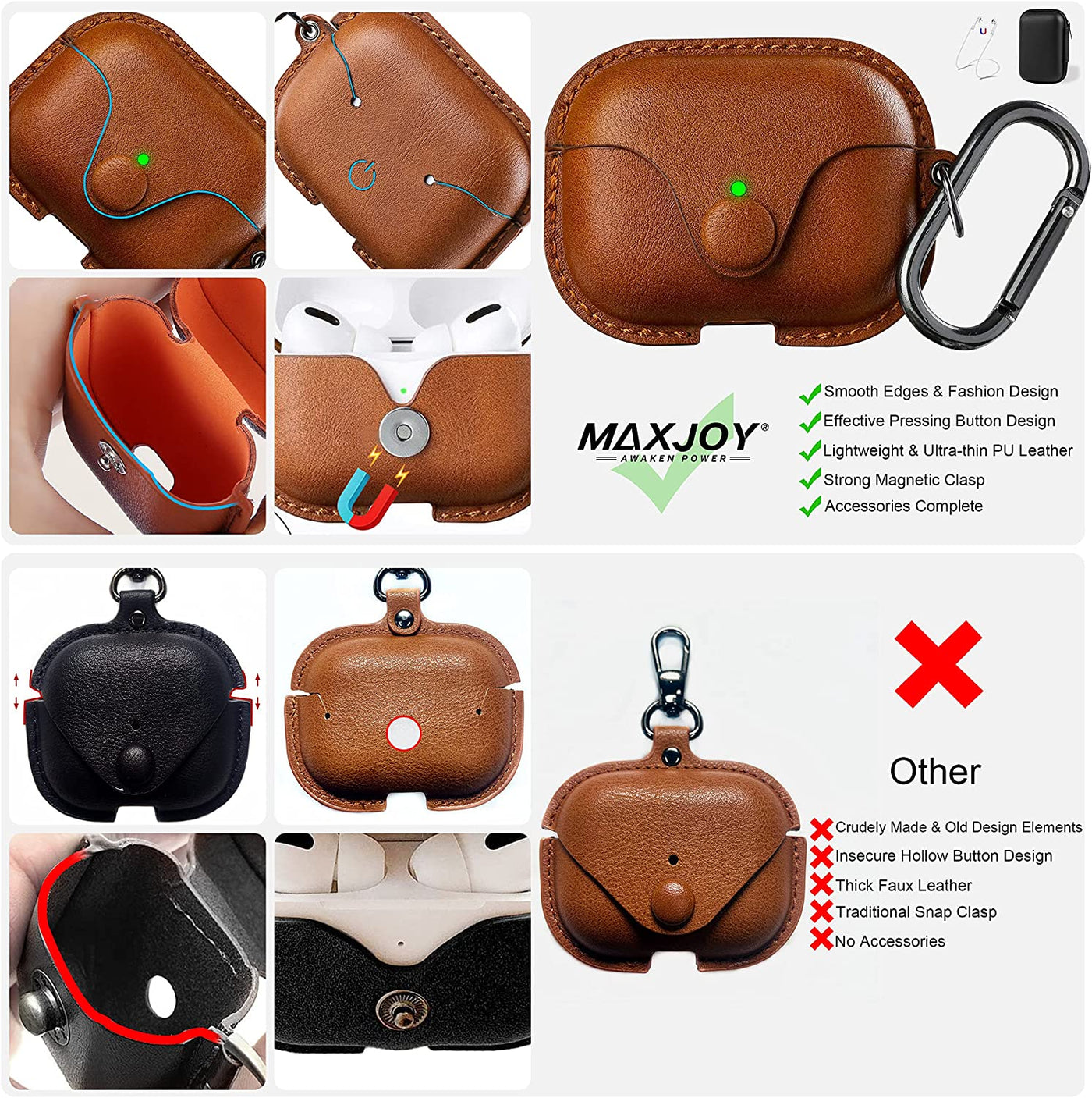 Premium Brown Leather Case for AirPods Pro 2 - Stylish Cover with Keychain & Strap, Front LED Visible, Compatible with 2019/2022/2023 Models