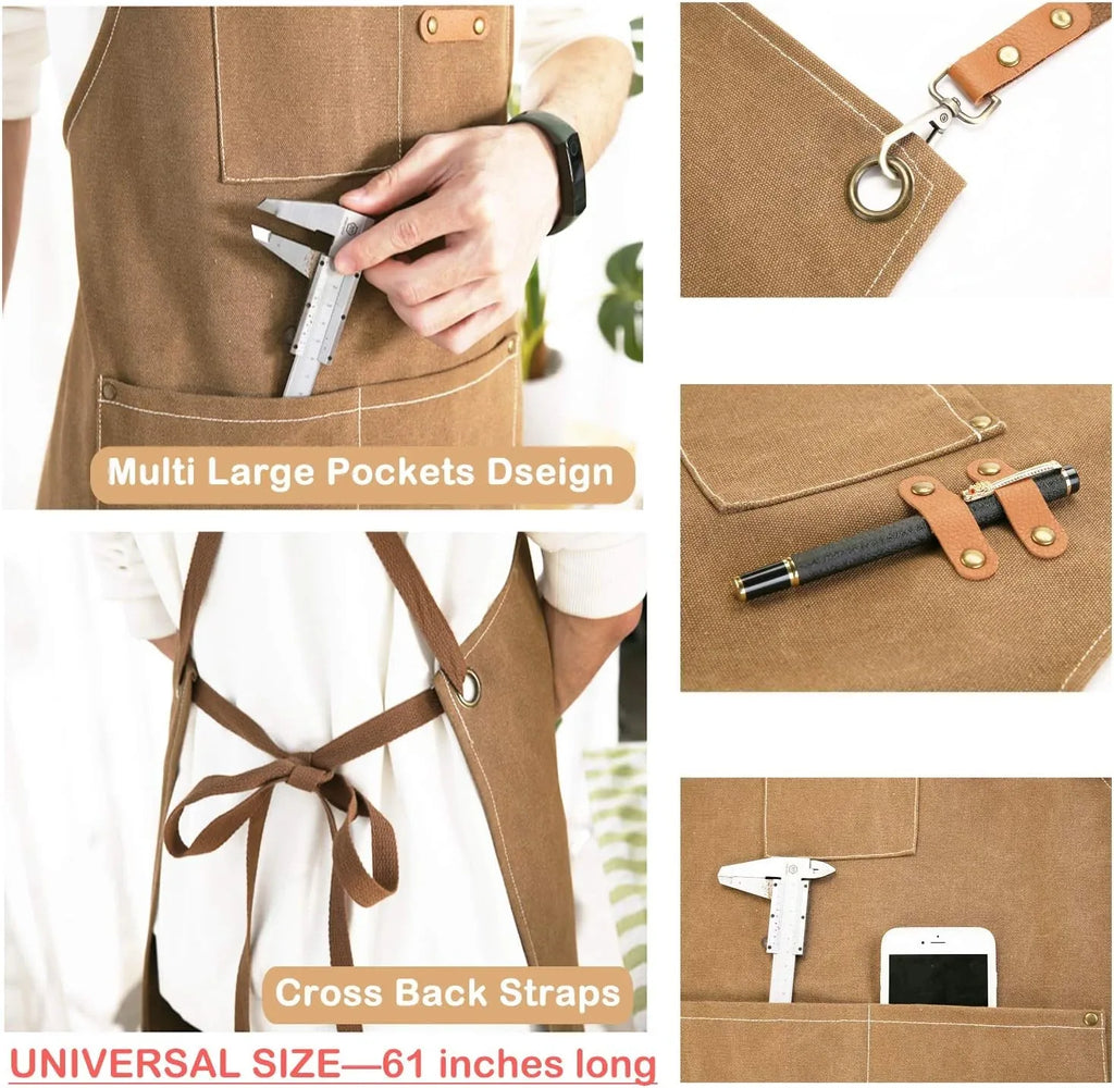Cross Back Canvas Chef Apron – Adjustable Cotton Cooking, BBQ & Kitchen Work Apron with Pockets for Men & Women