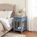 Antique Blue Farmhouse Wood End Table with Drawer – Rustic Rectangular Bedside Side Table