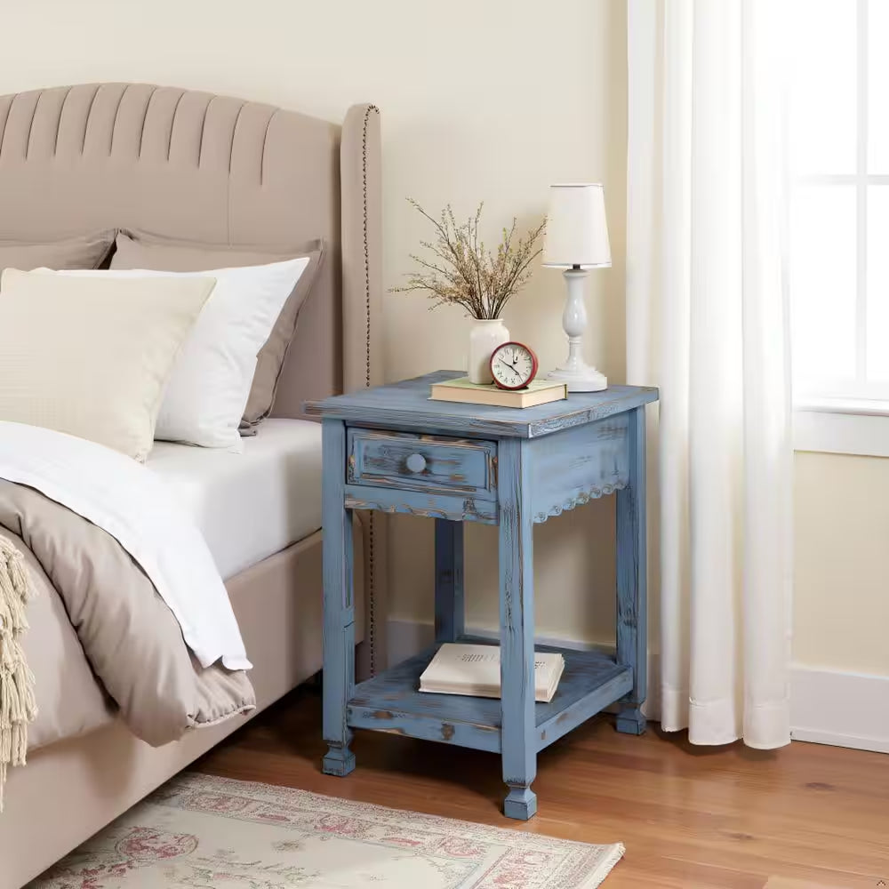 Antique Blue Farmhouse Wood End Table with Drawer – Rustic Rectangular Bedside Side Table