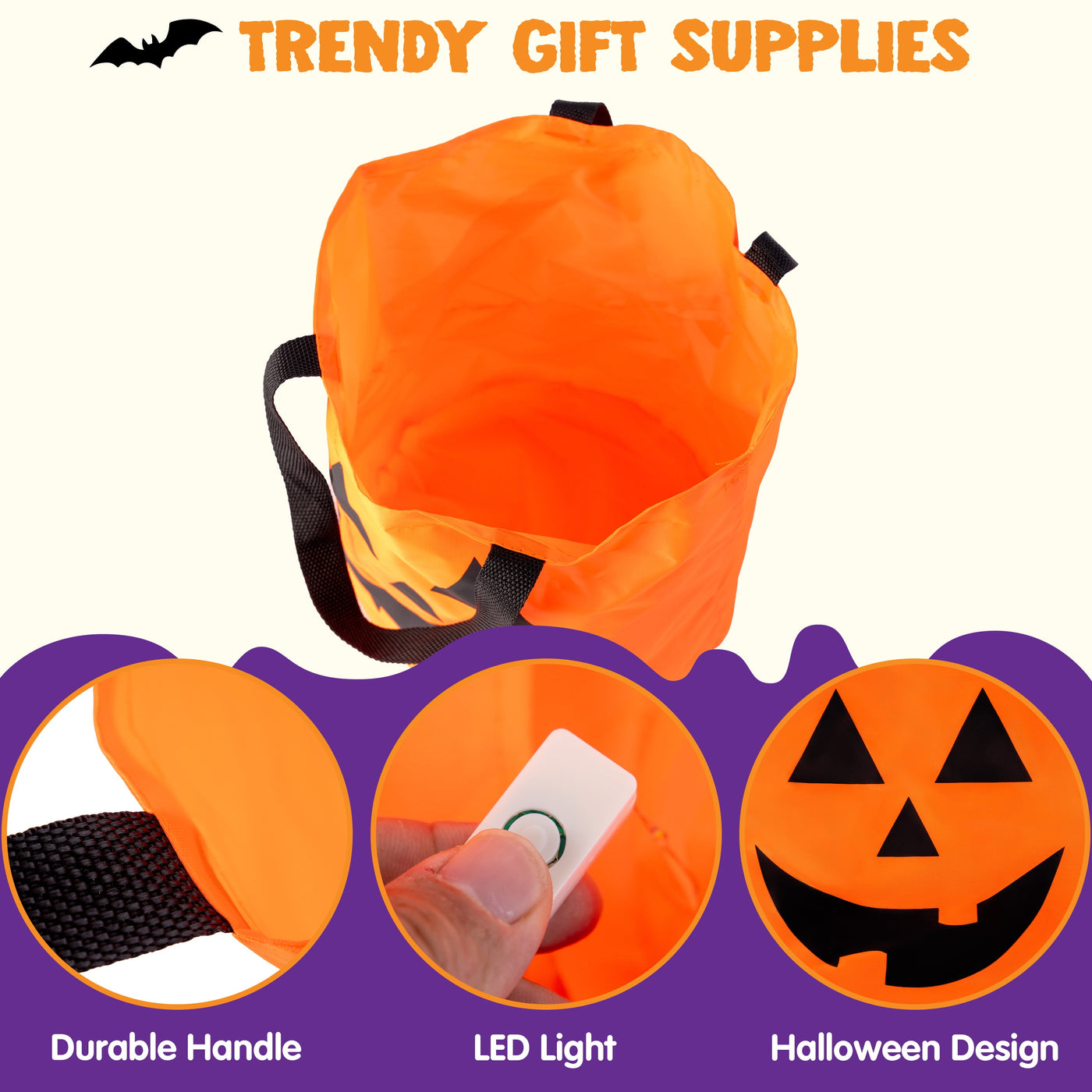 3 PCS Halloween Candy Bag,Led Light Pumpkin Candy Buckets for Kids,Halloween Trick or Treat Bucket with Pumpkin Smile Face for Halloween Party Favors Goodie Bags