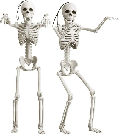 16" Small Skeleton Halloween Decor Full Body 2 Pack - Plastic Mini Skeleton Halloween Poseable Hanging Decorative - Cute Posable Joints Little Skeletons Indoor Table Decoration