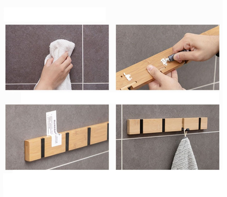 No Drill Bamboo Wall Hook Rail by Cavira with 4 & 5 hooks in grey and pink, waterproof, suitable for kitchen, bathroom, or entryway.
