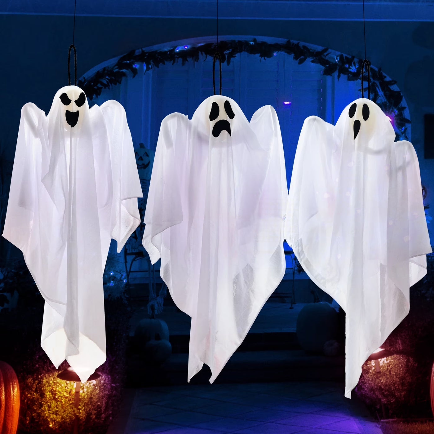 3 Pack Halloween Hanging Ghosts Decorations,27.5" Cute Scary Flying Ghosts Outdoor Hanging Halloween Decorations Yard Decorations