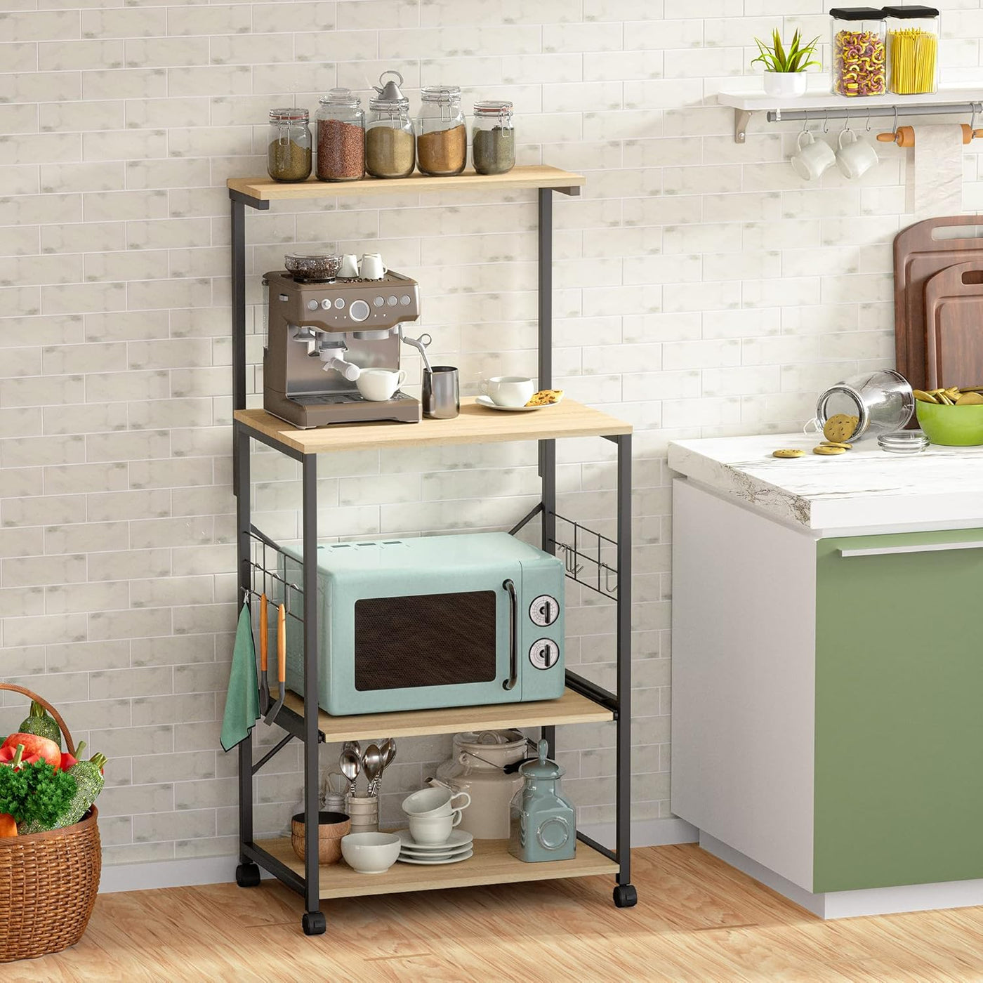 Stylish 4-Tier Kitchen Baker's Rack with Wheels - Versatile Utility Storage Shelf & Microwave Stand - Oak Wood Organizer with Side Hooks and Adjustable Feet