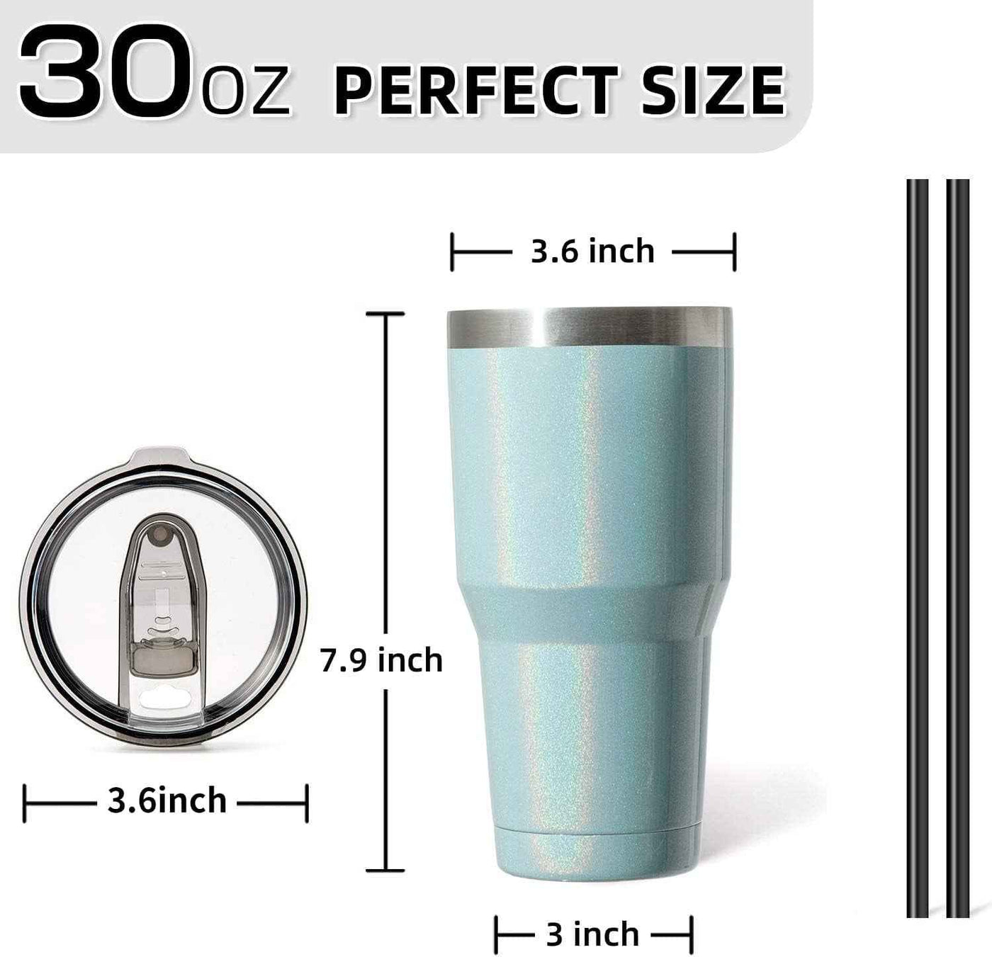 30Oz Insulated Tumbler with Lid and Straws - Stainless Steel Double Vacuum Travel Mug for Home, Office, and Parties - Glitter Teal - GG store