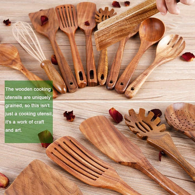 10-Pack Premium Wooden Cooking Utensils Set - Non-Stick Teak Spoons & Spatula for Effortless Kitchen Mastery