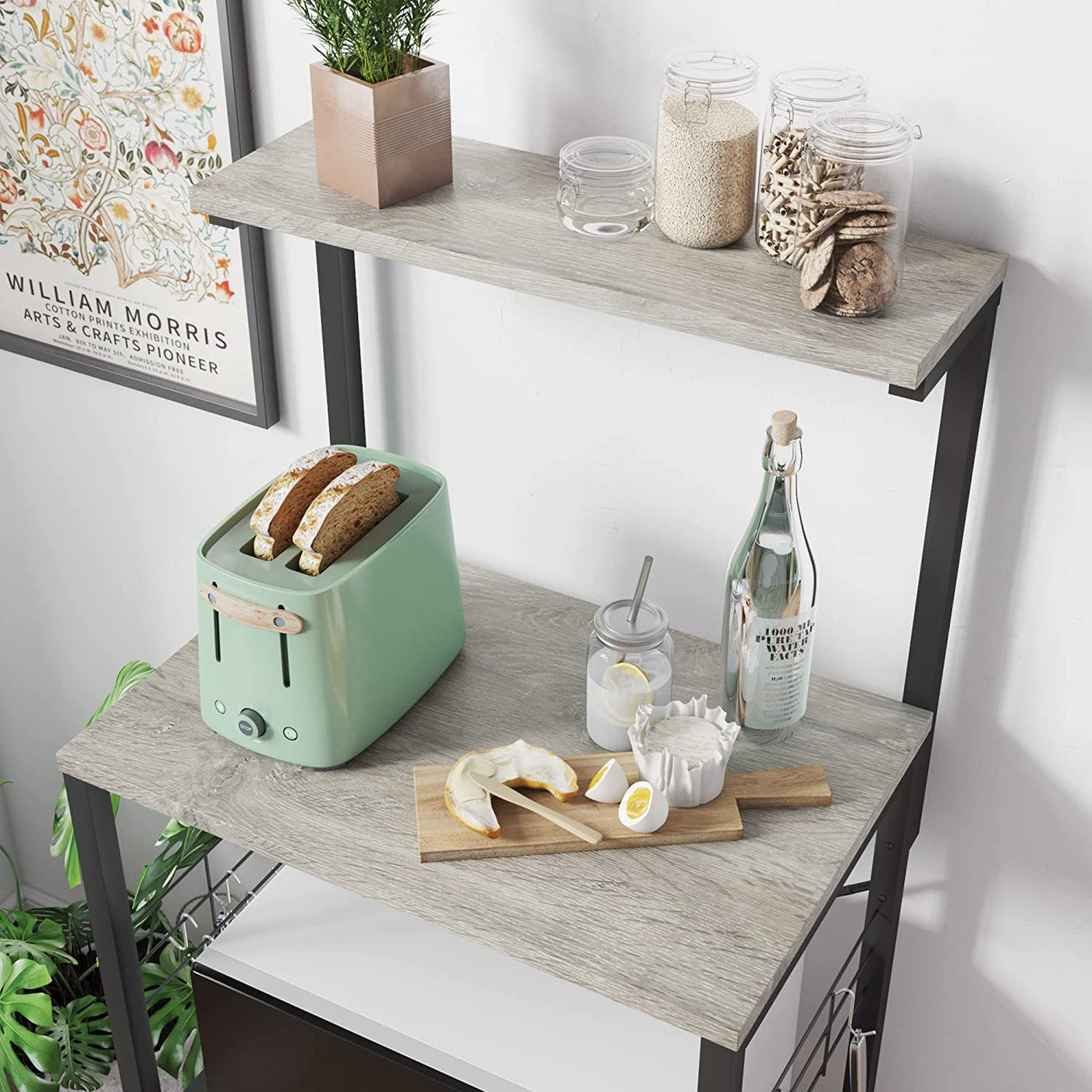 Multifunctional Kitchen Bakers Rack with Rolling Wheels - Stylish Microwave Stand & Utility Storage Cart with 10 Hooks and Adjustable Feet