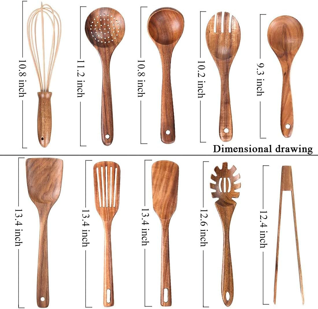10-Pack Premium Wooden Cooking Utensils Set - Non-Stick Teak Spoons & Spatula for Effortless Kitchen Mastery