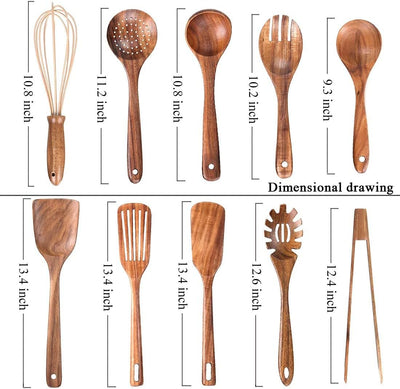 10-Pack Premium Wooden Cooking Utensils Set - Non-Stick Teak Spoons & Spatula for Effortless Kitchen Mastery