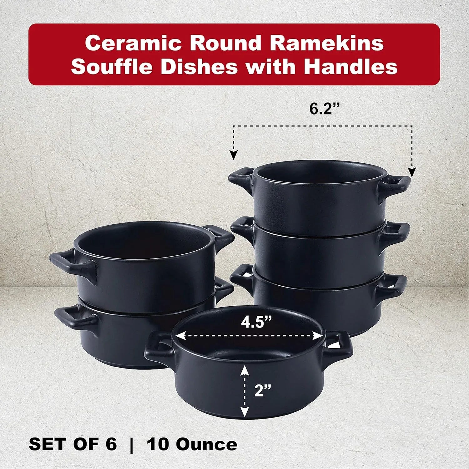 Ceramic Ramekins Set of 6 | Oven-Safe Porcelain Baking Bowls with Handles | Cavira