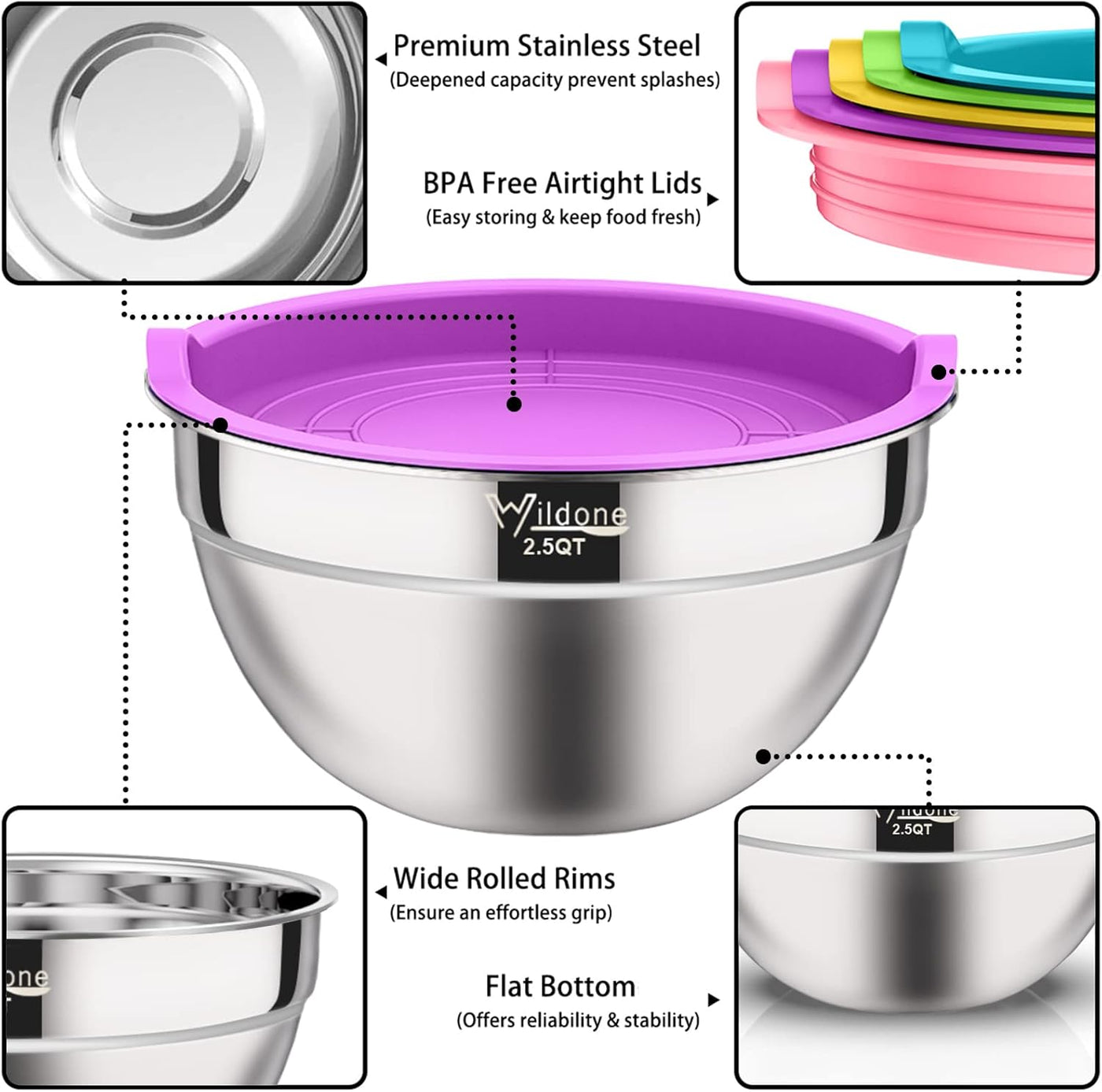 19-Piece Stainless Steel Mixing Bowls Set with Airtight Colorful Lids - Extra Deep, BPA Free, Ideal for Mixing & Serving
