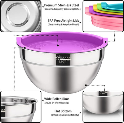 19-Piece Stainless Steel Mixing Bowls Set with Airtight Colorful Lids - Extra Deep, BPA Free, Ideal for Mixing & Serving