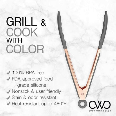 Stylish Stainless Steel Silicone Tipped Tongs Set - 9” & 12” - Perfect for Non-Stick Cookware, BBQ & Cooking - BPA Free, Sturdy, Locking Design in Rose Gold & Gray