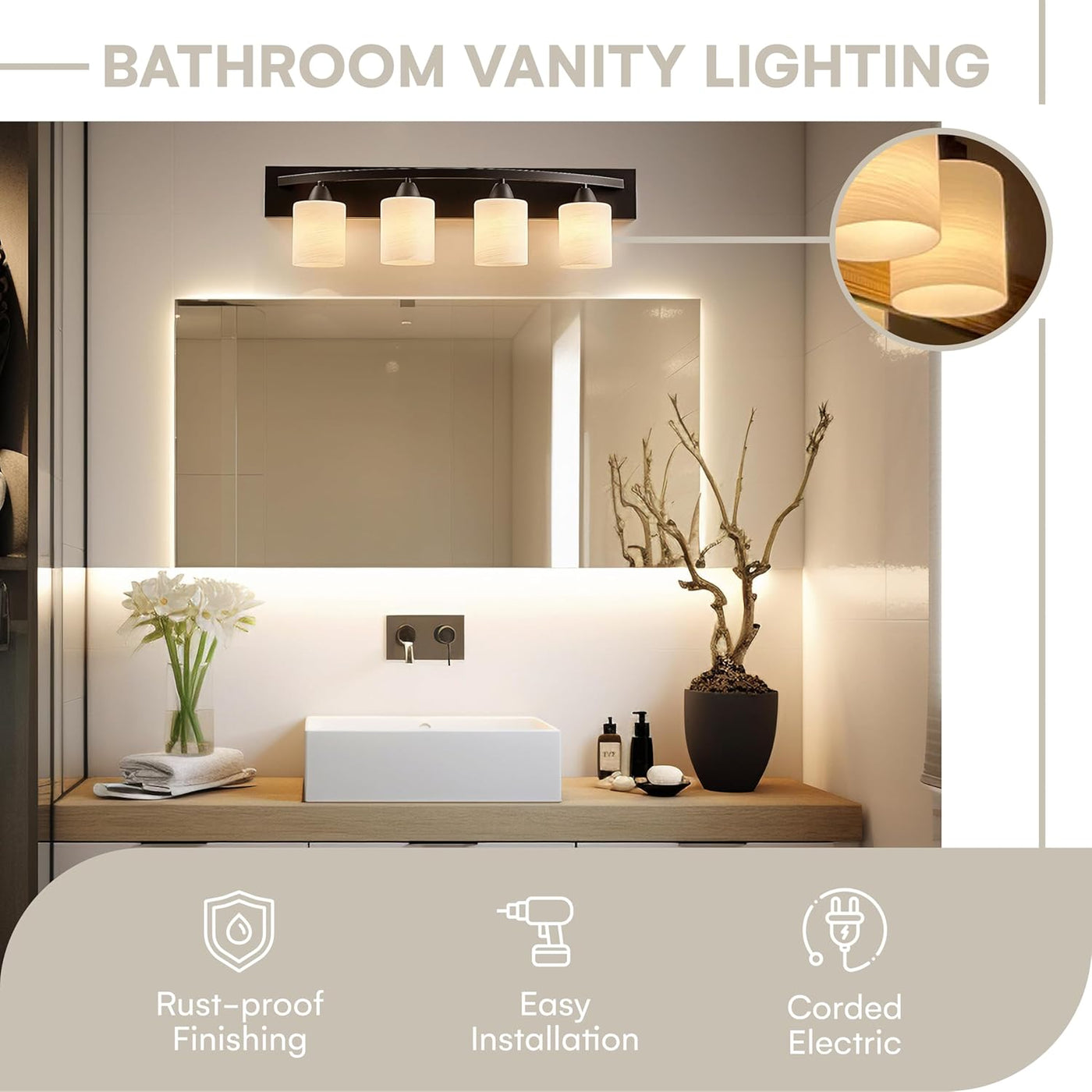 Bathroom Vanity Light Fixture - Bathroom Vanity Lights over Mirror in Bronze - Interior Lighting Bar with Nickel Glass Shade - 4 Lights, E26 100W LED, Bulbs Not Included, 7X32X8.5 Inches - GG store